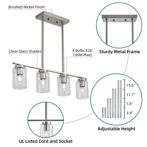 Four Light Brushed Nickel Island Pendant Lights With Clear Glass Shades For Kitchen Island, detailed specs and dimensions
