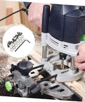 Top Mounted Bearing Guide For Router Bits Replacement Kit with drill in use, showing bearings, set screws, wrenches on a table