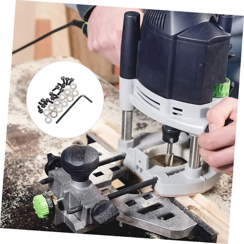 Top Mounted Bearing Guide For Router Bits Replacement Kit with drill in use, showing bearings, set screws, wrenches on a table