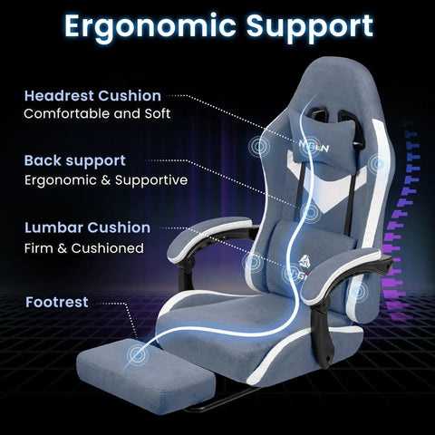 Gamer Grade Ergonomic Gaming Chair With Back Support For Marathon Sessions, plush high density foam, cozy footrest, blue color.
