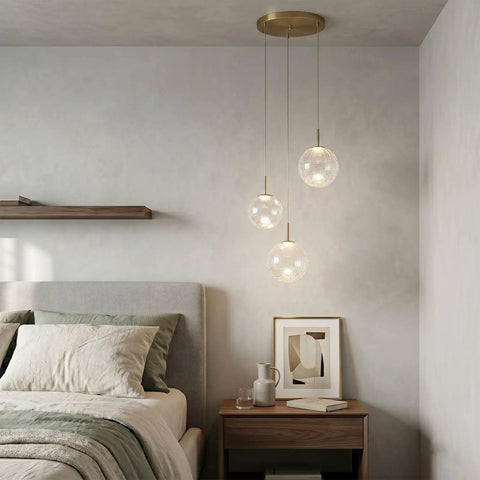 Top Shelf Modern Crackle Glass Sphere Pendant Cluster Integrated Led Brass Finish Adjustable Cord Lighting For Duplex Staircases over bed in cozy bedroom