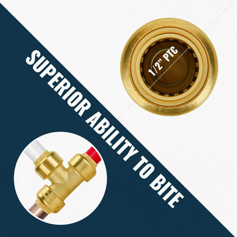 1/2 Inch Push-Fit Fittings Bulk Pack No Lead Brass Elbow 90 Degree (10) and Tee (5) detail view with text 'Superior Ability to Bite'