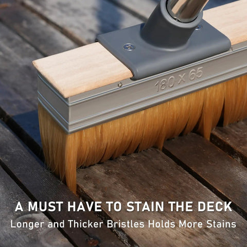Long Handle Deck Stain Brush Applicator With 7 Inch Wide Brush for stains paints and sealer on wood deck, bristles close-up