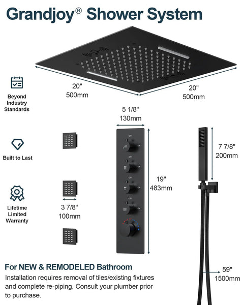 GRANDJOY 20" LED Shower System with Handheld Spray, Matte Black adjustable control panel and rain shower head dimensions