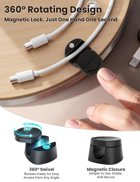 360 Degree Magnetic Cable Clips For Desk And Car, Tangle Free Self Adhesive Cord Organizer That Spins, 6 Pack, Black