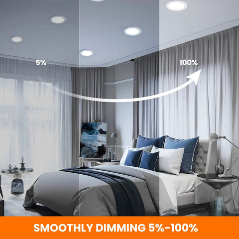 Bedroom with Six Pack Ultra Thin 6 Inch LED Recessed Ceiling Lights With Junction Box No Hassle Install, dimming feature 5CCT.