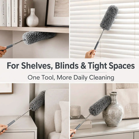 All In One 2 Pack Microfiber Feather Duster Set With Extendable Pole Hand Washable cleaning shelves and blinds