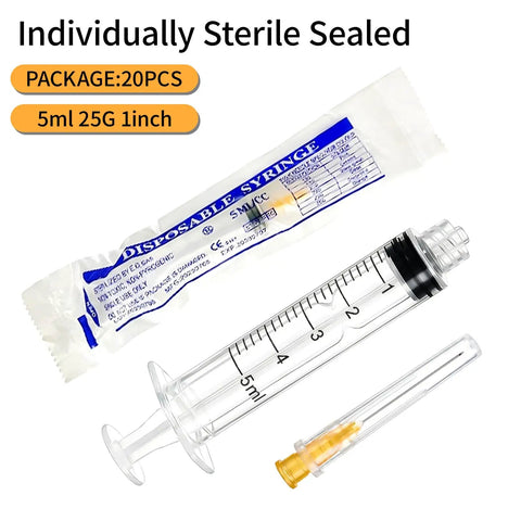 5ml Luer Lock Syringe Set With 25G 1 Inch Needle Individually Blister Sealed Pack Of 20 Durable Plastic Body Sterile Lab Supplies For Research And Craft Projects Not For Medical Use, sealed syringe
