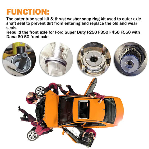 Ford Front Dana 50 60 Axle Seal Kit Beefed Up With Outer Dust Seal Inner Tube Seal Snap Ring Needle Bearing And Thrust Washer For 1998-2005 Ford Super Duty F250 F350 F450 F550 4X4 Off Road Ready, featuring mechanics assembling parts on vehicle.