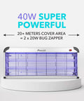 40W Double Bulb Indoor Bug Zapper With Wide Coverage And Powerful UV Light For Mosquitoes Moths Flies Gnats Killer Replaceable Bulbs Protective Mesh For Home Use displayed on a white surface with blue UV light glowing and protective mesh visible.