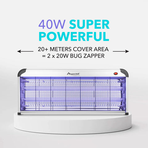 40W Double Bulb Indoor Bug Zapper With Wide Coverage And Powerful UV Light For Mosquitoes Moths Flies Gnats Killer Replaceable Bulbs Protective Mesh For Home Use displayed on a white surface with blue UV light glowing and protective mesh visible.