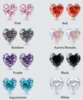 Top Notch Implant Grade Titanium Heart Earrings With Lustrous Cubic Zirconia in various colors displayed on a gray background.