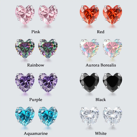 Top Notch Implant Grade Titanium Heart Earrings With Lustrous Cubic Zirconia in various colors displayed on a gray background.