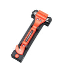 Front view of Amazon Basics emergency escape tool, orange window breaker and seatbelt cutter in mounting bracket
