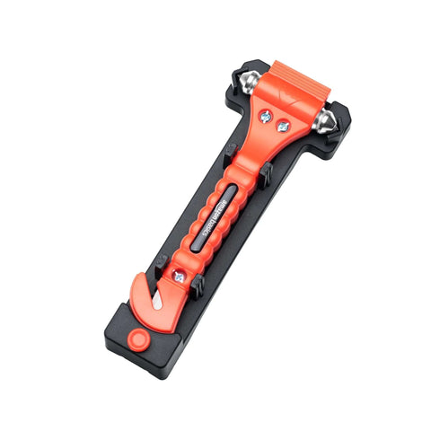 Front view of Amazon Basics emergency escape tool, orange window breaker and seatbelt cutter in mounting bracket