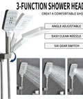 3-function shower head with angle adjustable, easy clean nozzle, and six gear switch, showing different water flows.
