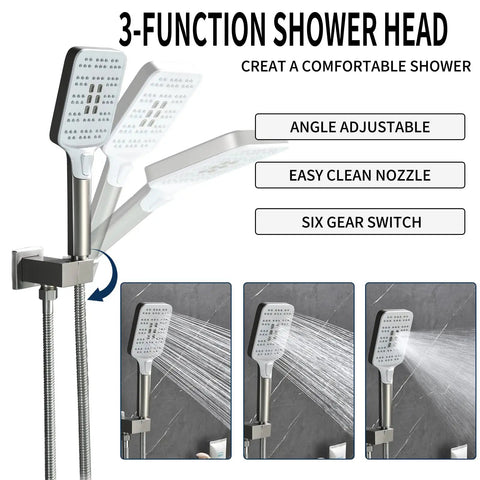 3-function shower head with angle adjustable, easy clean nozzle, and six gear switch, showing different water flows.