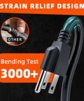 Close-up of plug end of 100 Ft Outdoor Extension Cord Black Waterproof 16 Gauge 13 Amps 125V SJTW ETL Listed with strain relief design