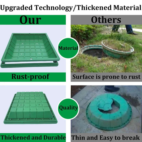Comparison of Beefy PP Recessed Sewage Basin Cover With Frame And Pull Hole Waterproof Heavy Duty Lid to rust-prone cover