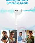 Close-up of Type C Wired Earbuds With Mic and Remote For iPhone And Android with scenarios for sport, study, office, home.