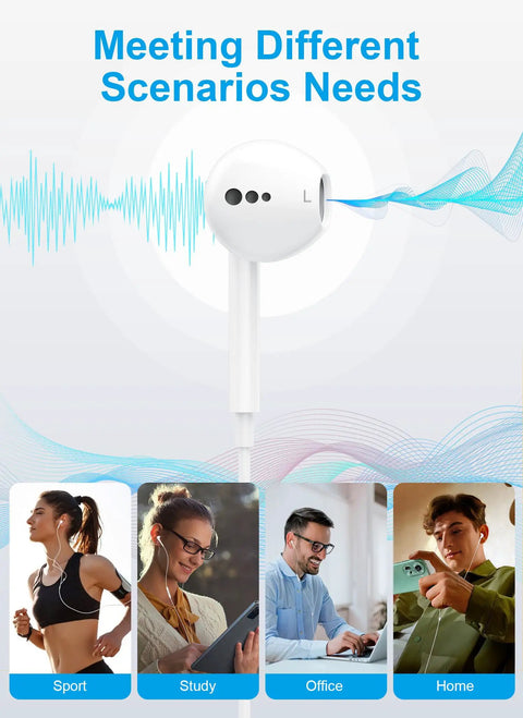 Close-up of Type C Wired Earbuds With Mic and Remote For iPhone And Android with scenarios for sport, study, office, home.