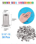 Top Shelf 30Piece 5 16 Inch To 18 Unc 304 Stainless Steel Rivet Nuts displayed with dimensions, showing flat head and threaded design.