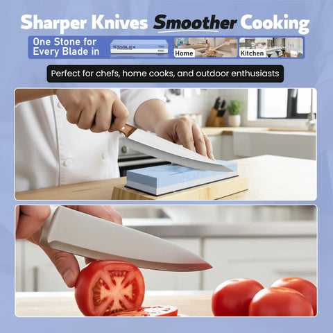 Person using Pro-Grade Knife Sharpening Stone Kit With Dual Grit Whetstone 1000/6000 in kitchen, close-up on sharpening process.