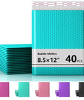 40 Pack 8.5 By 12 Inch Outer Bubble Mailers With 8.5 By 11 Inch Inner Cushioned Envelopes Waterproof Self Seal Adhesive Shipping Bags In Minty Blue Bright Color For Small Business, featuring a stack of mailers and color options.