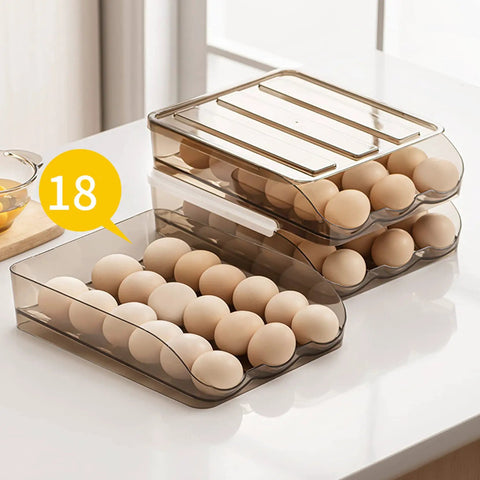 36 Grid Capacity Automatic Rolling Egg Holder For Refrigerator Two Layer Stackable Egg Tray Organizer Fridge Egg Storage Rack With No Fuss Auto Roll Design Food Grade PP Light Brown