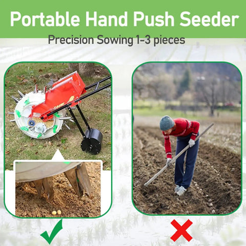 2 In 1 Corn Planter With Double Mouth Seeder Seed Sower And Fertilizer Applicator Precision Garden Seeder in use outdoors