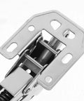 Close-up of heavy duty stainless steel cabinet door hinges featuring killer soft close hydraulic buffer damper for wardrobes and cupboards.