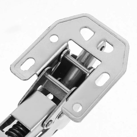 Close-up of heavy duty stainless steel cabinet door hinges featuring killer soft close hydraulic buffer damper for wardrobes and cupboards.