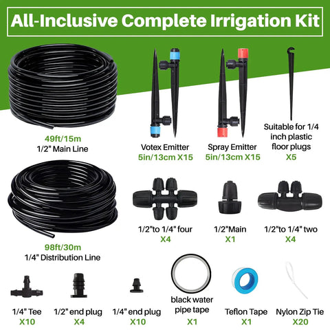 Easy Setup Automatic Drip Irrigation Kit With Quick Connect Tubing For Gardens And Greenhouses Includes 98 Ft 1 Quarter Inch And 49 Ft 1 Half Inch Tubing 15 Drip Heads And 15 Sprinklers All In One Watering System For Yard Lawn And Raised Beds