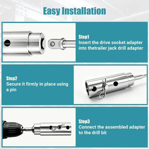 Installation steps for Heavy Duty Stainless Steel Trailer Jack Drill Adapter For 1 Inch Drive Shafts showing adapter and drill.