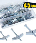Heavy Duty Hollow Wall Anchors For Drywall And Ceilings Toggle Bolt And Wing Nut Kit Three Size Set One Eighth Inch Three Sixteenths Inch And One Quarter Inch Includes Forty Five Pieces For Quick Secure Mounts And Easy Installation. 45-piece toggle bolt kit in plastic case