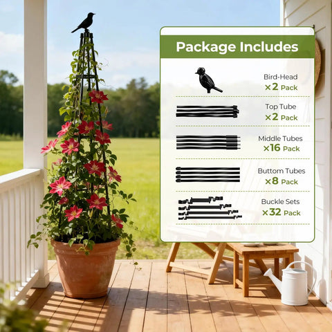 Two Pack Garden Trellis Obelisk For Climbing Plants, 65 Inch Tall, Rustproof Metal Frame With Waterproof Coating on porch