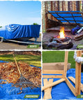 Heavy Duty Waterproof Tarp Outdoors 5 Mil 6x8 Feet covering a boat, used in camping, yardwork, and DIY projects.