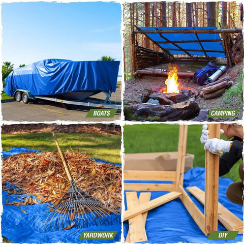 Heavy Duty Waterproof Tarp Outdoors 5 Mil 6x8 Feet covering a boat, used in camping, yardwork, and DIY projects.