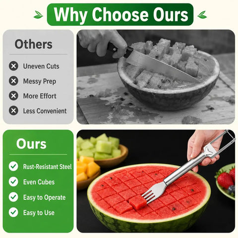 Comparison of traditional knife and 2-In-1 Watermelon Fork Cutter With Dual Head Knife And Fork for cutting watermelon cubes