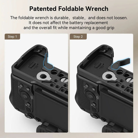 Baseplate For Sony A7 V A7R V A7 IV With Quick Release Plate And Arca Compatible QD Interface showing foldable wrench