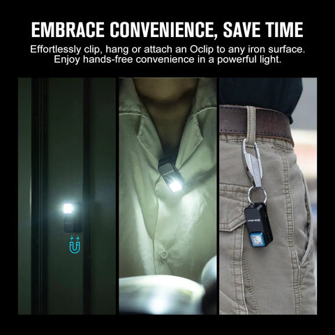 Oclip Mini Rechargeable EDC Clip Flashlight with Dual Light Sources white daylight and red night vision clipped on shirt, belt