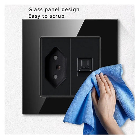 Smooth Touch Tempered Glass Wall Outlet Decked Out With Fast Charge USB Ports, easy-to-clean glass design with blue cloth.