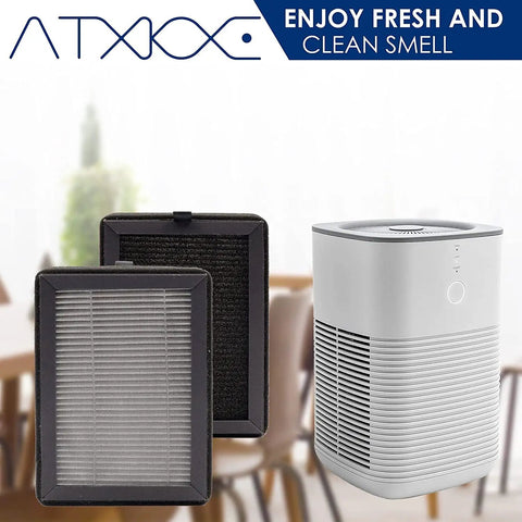 Four Pack Replacement Filter Set For LV H128 Air Purifier With 3 Stage Filtration System Activated Carbon Odor Control Pre Filter Included Fits PUURVSAS HM669A ROVACS RV60 Models Black shown next to air purifier