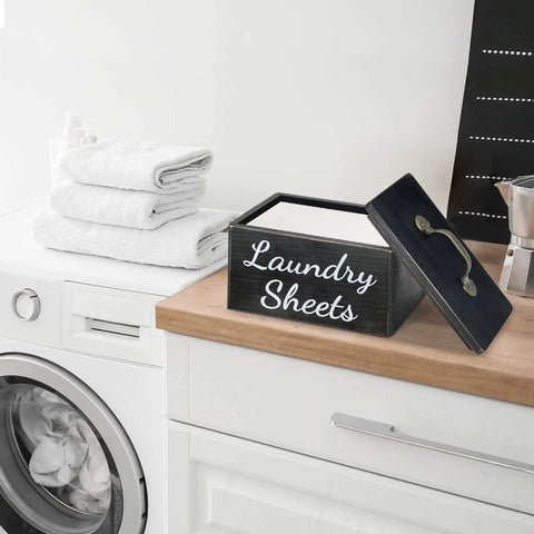 Rustic Black Dryer Sheets Holder With Lid For Decor, Wooden Fabric Softener Dispenser on laundry room countertop.