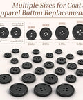 Various sizes of black buttons for coat and apparel replacements, with eco-resin and permanent dye features.