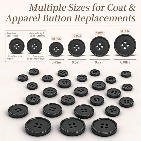 Various sizes of black buttons for coat and apparel replacements, with eco-resin and permanent dye features.