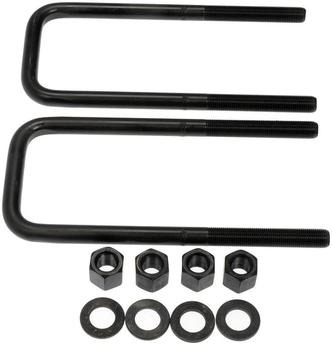 Rugged Rear Leaf Spring Axle U Bolt Kit For Heavy Duty Suspension Repair with U bolts, nuts, and washers in black steel.