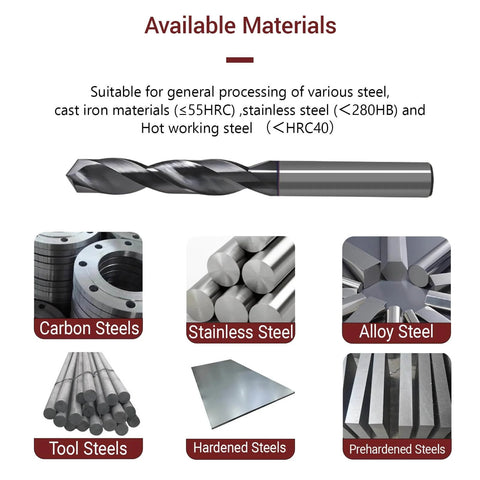 Beast Workhorse Heavy Duty Carbide Drill Bit Set For Hardened Steel And Stainless Steel With 135 Degree Point CNC Tungsten Solid Carbide Twist Drill Bits Sizes One Sixteenth One Eighth Three Sixteenths One Quarter Inch Four Piece Set showing available material types.