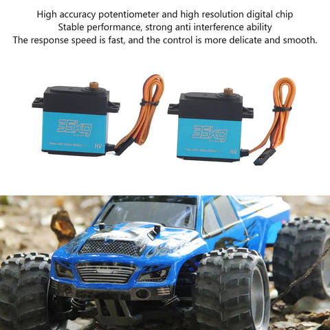 2 Pack 35Kg High Torque Digital RC Servos With Coreless Motor And Full Metal Gears set shown above a blue RC car in off-road setting.