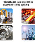 Graphite braided packing rope for high-temp seals; collage showing industrial pipes, flanges, and rolling metal equipment.